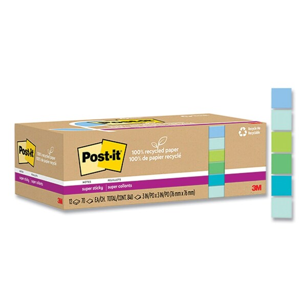 100% Recycled Paper Super Sticky Notes, Ruled, 4 x 6, Oasis, 45 Sheets/Pad, 12PK